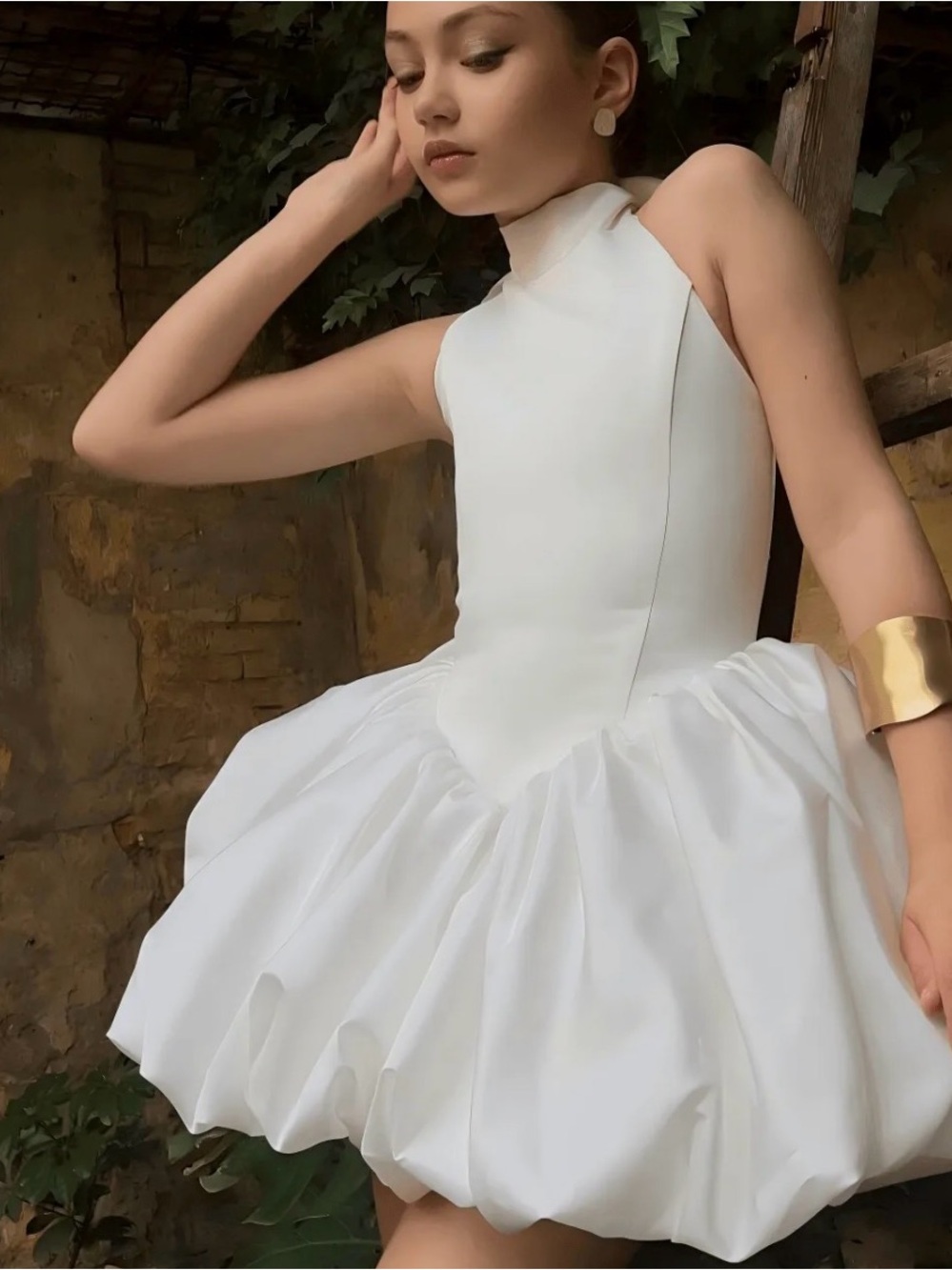 Girls White High-Neck Puff Tulle Party Dress by